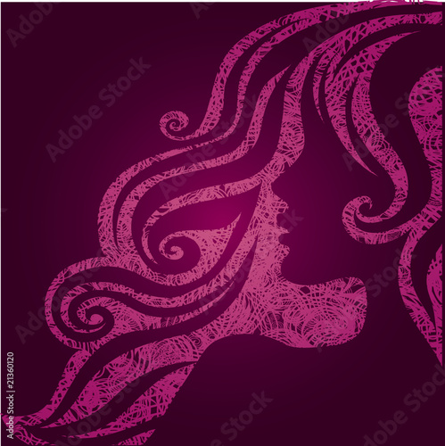 Vector grunge pink illustration of a girl with beautiful hair