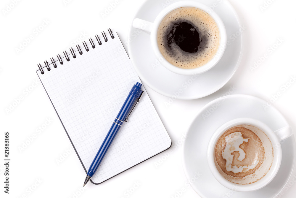 Blank organizer with pen and two coffee cups Blank organizer with pen and two coffee cups