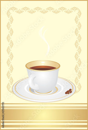 Cup with coffee and corns on the decorative background. Vector
