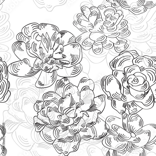 Black and white seamless pattern with flowers