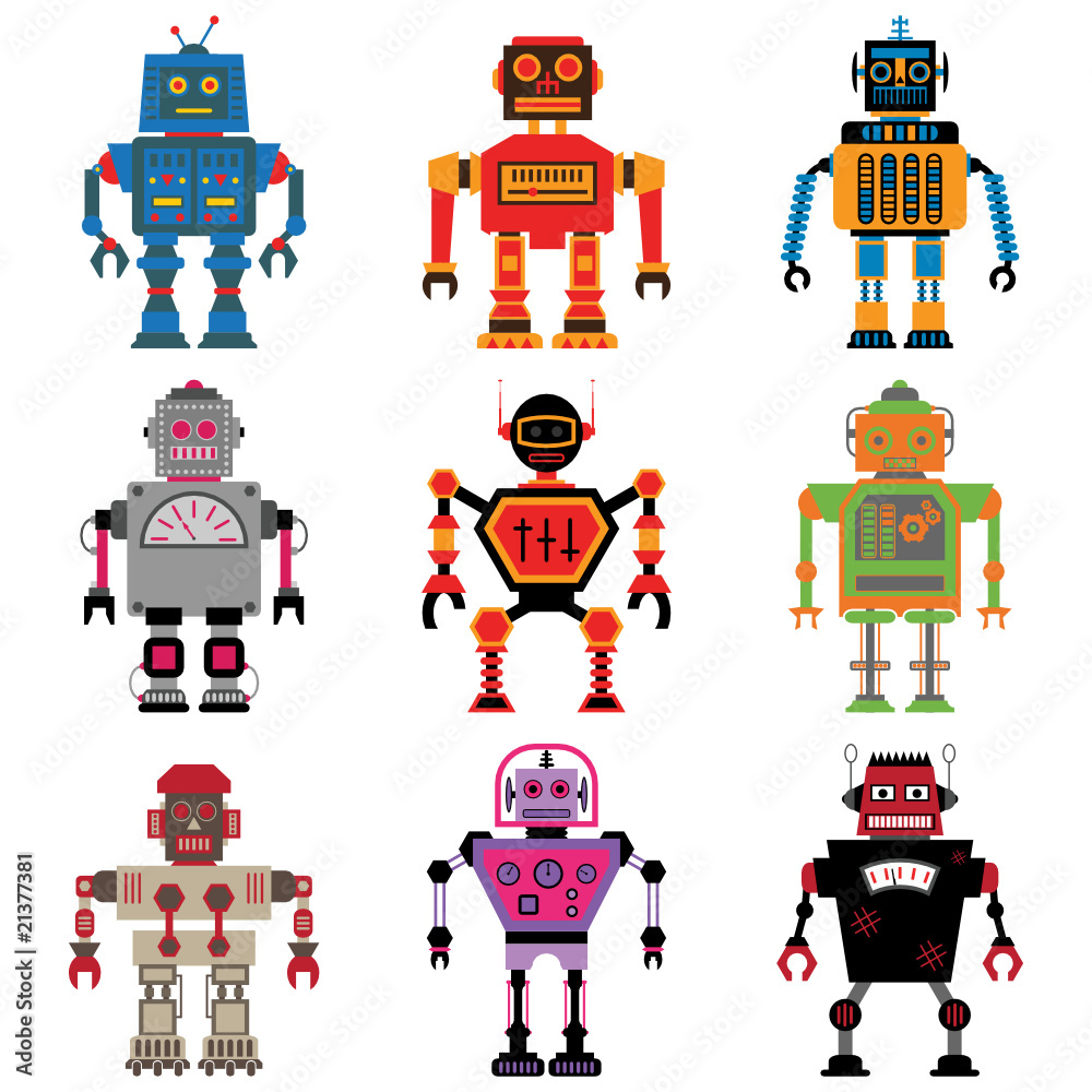 Nine different vector retro Robots