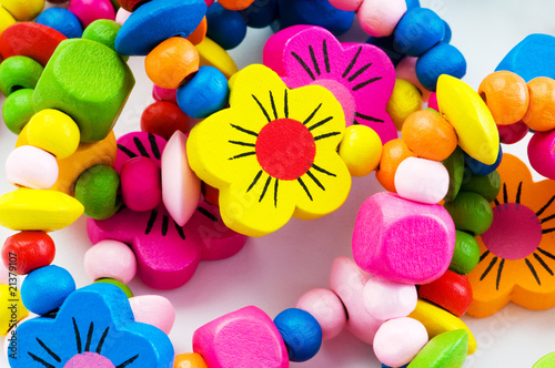 Close up of various colourful bracelets