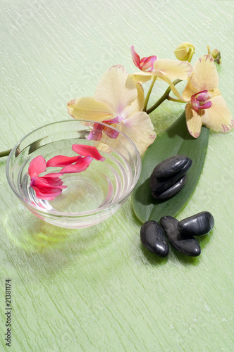 bowl with petals on waters and masage stone spa concept