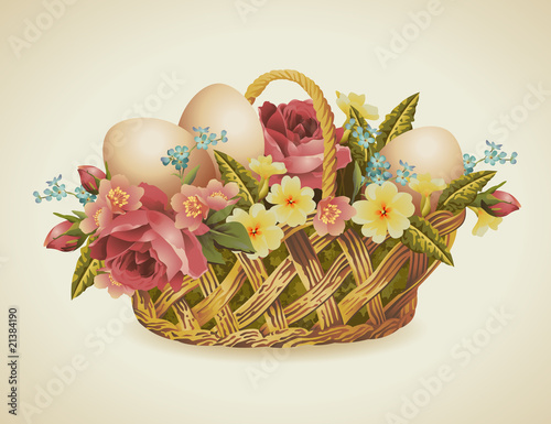 vintage easter basket with flowers and easter-eggs