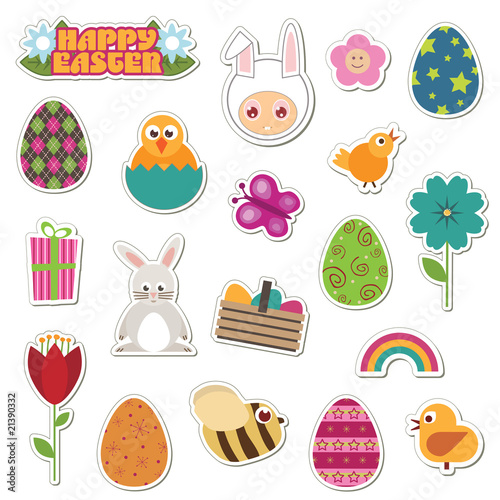 Easter stickers vector clipart set bunny decorated eggs chicks flowers bees isolated on white