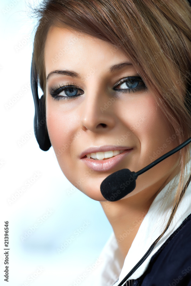 Beautiful representative smiling call center woman with headset. Beautiful representative smiling call center woman with headset.