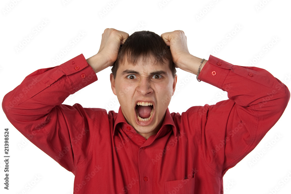 businessman in a red shirt screaming isolated on white businessman in a red shirt screaming isolated on white