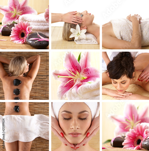 Collage of different spa treatment images with women and flowers #21399924