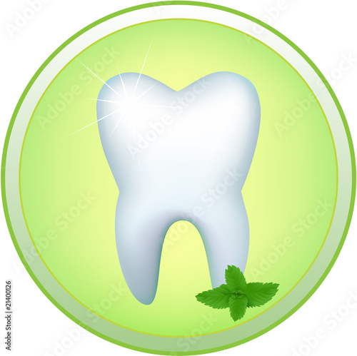 Round icon with the image of a human tooth and a mint branch