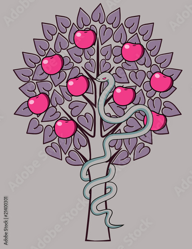 Temptation - illustration of Eden tree with snake and apples
