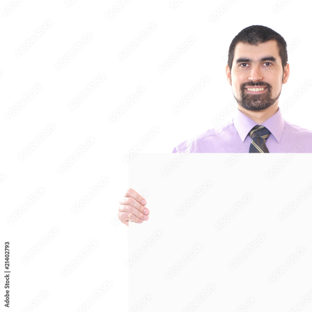 Businessman holding blank paper isolated on white Businessman holding blank paper isolated on white