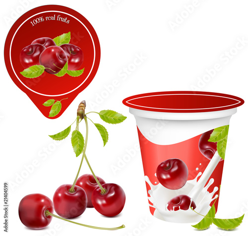 Background for design of packing yoghurt  with  vector of cherry