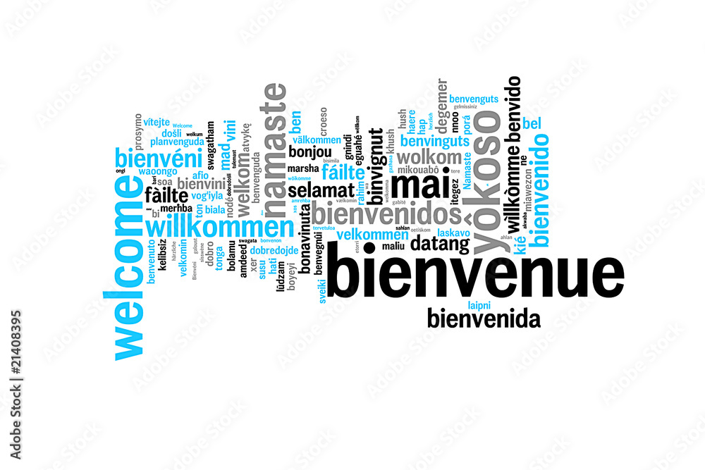 Bienvenue écrit dans plusieurs langues, nuage de mots sur fond blanc Bienvenue écrit dans plusieurs langues, nuage de mots sur fond blanc