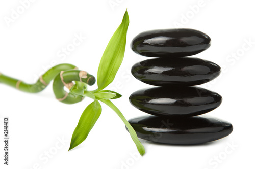 black spa stones and leaves isolated