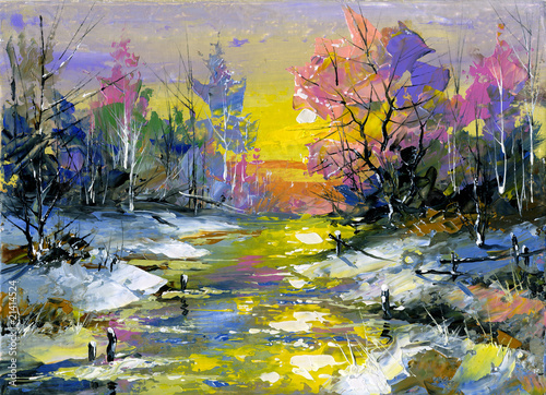 Winter landscape with the wood river photo