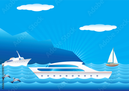 Yachts and sailsboat travel near coast line. © artist leo