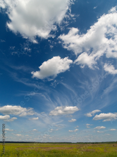 Deep blue sky with green field