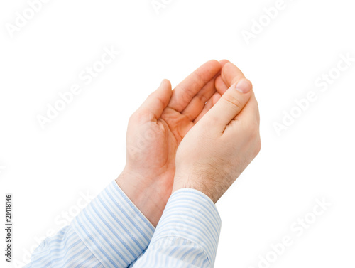 Two men's hands on white background