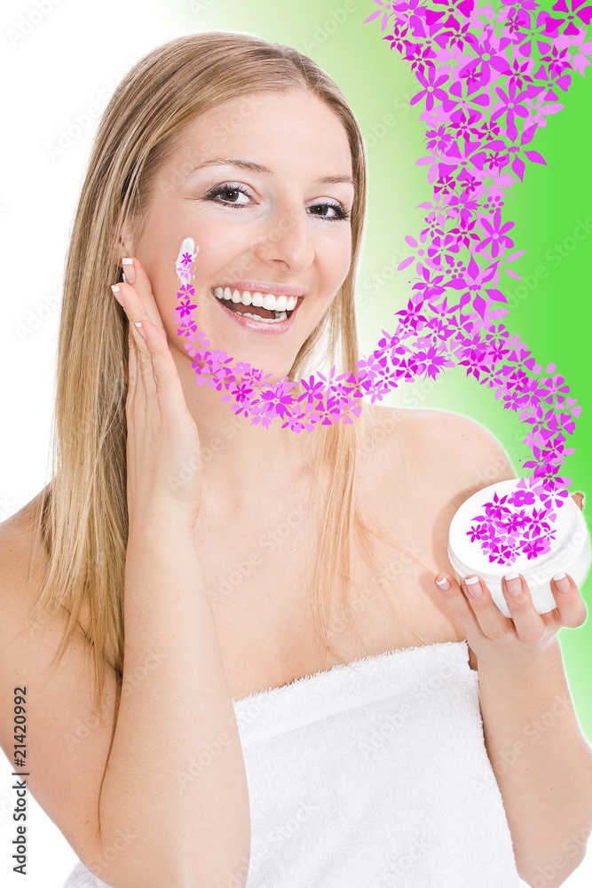 Caucasian woman floral skincare green, pink flowers, yellow - obrazy, fototapety, plakaty 