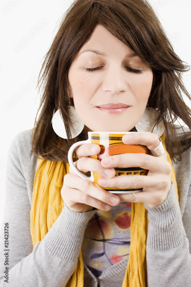 Attractive lady drinking hot beverage. Attractive lady drinking hot beverage.