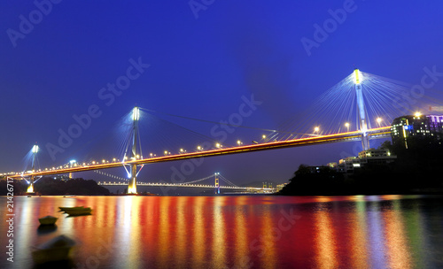 Fototapeta Naklejka Na Ścianę i Meble -  Ting Kau Bridge and Tsing ma Bridge at evening, in Hong Kong.