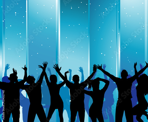 Silhouettes of dancing girls and boys in a nightclub