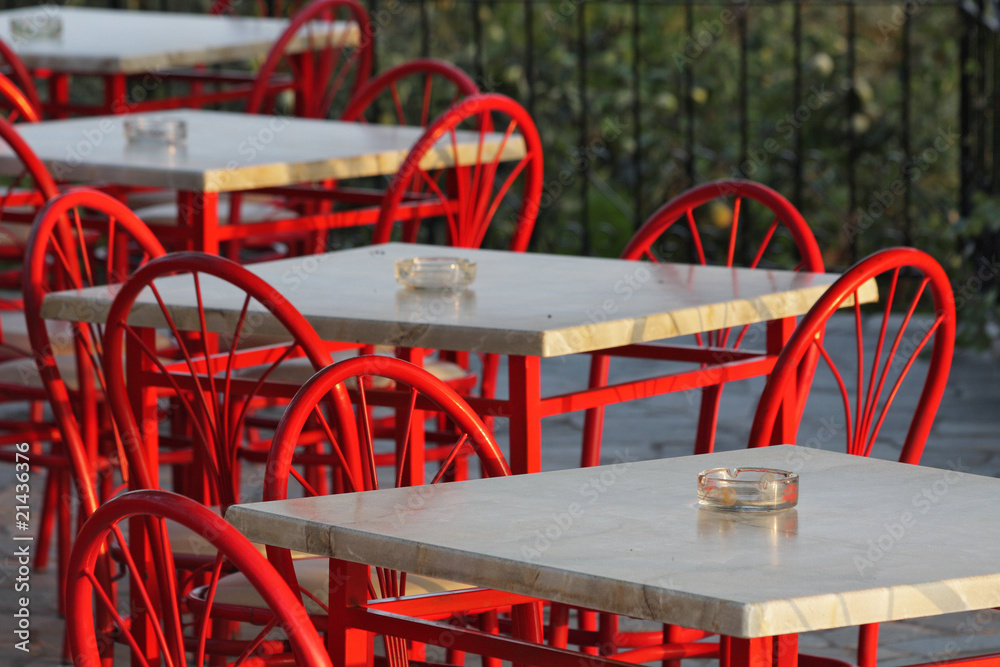 still life with red chairs and tables, Lesbos, Greece