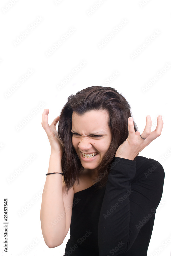 Furious Woman Holds her hands against her head. Furious Woman Holds her hands against her head.