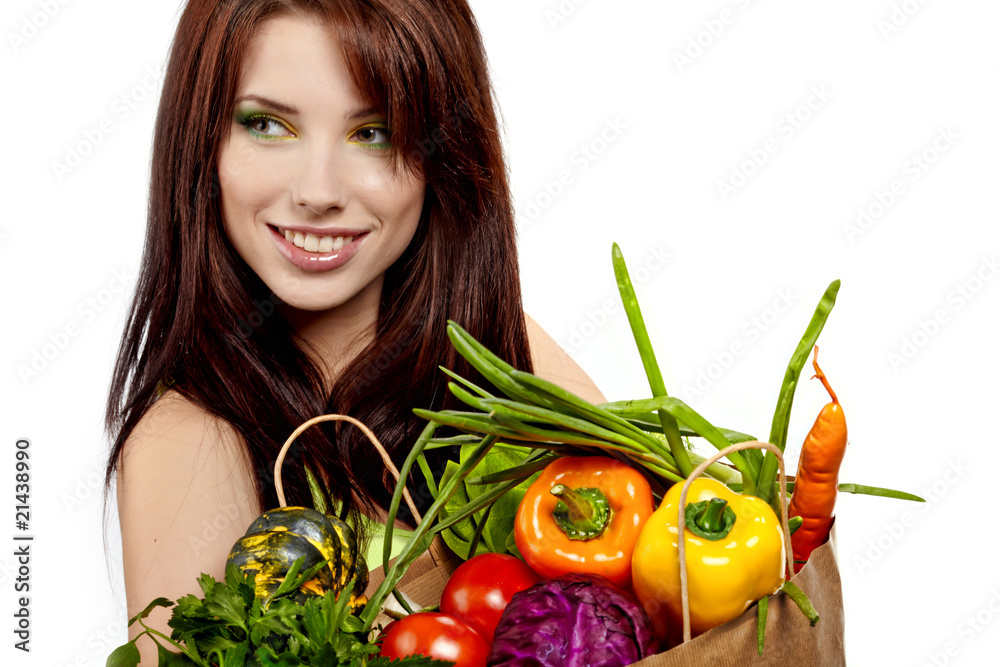 woman holding a bag full of fresh and healthy food. woman holding a bag full of fresh and healthy food.