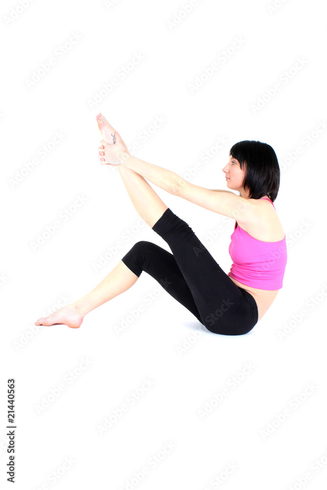 sitting woman in pink t-shirt doing yoga sitting woman in pink t-shirt doing yoga