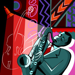 Poster Art Studio Saxophonist auf farbenfrohem Hintergrund  © Isaxar