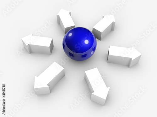 Conceptual image of sphere and arrows. Isolated.