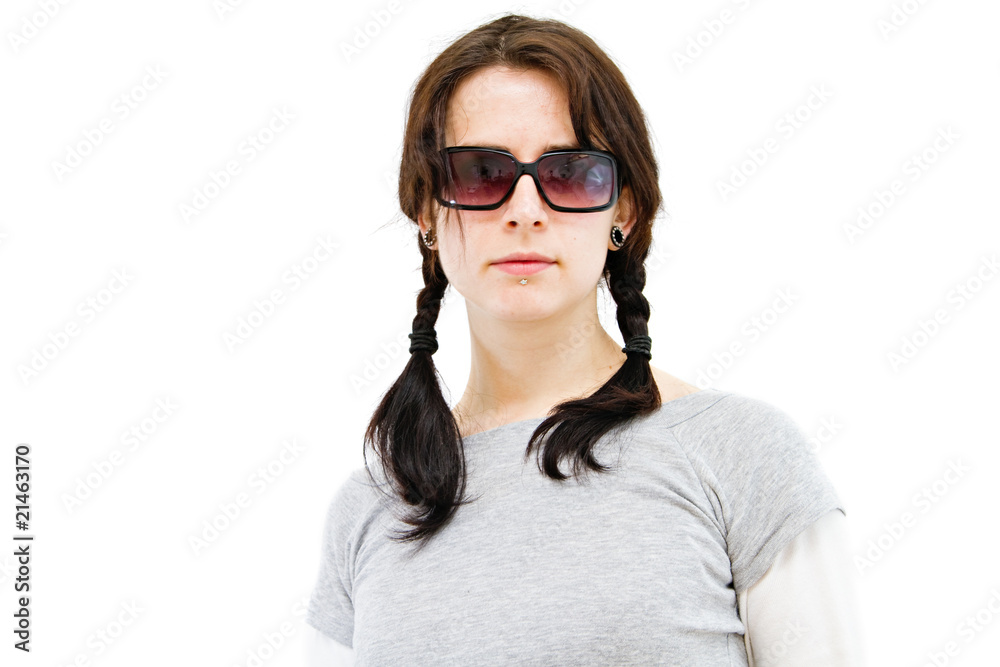 casual woman portrait wearing sunglasses - isolated on white.. casual woman portrait wearing sunglasses - isolated on white..