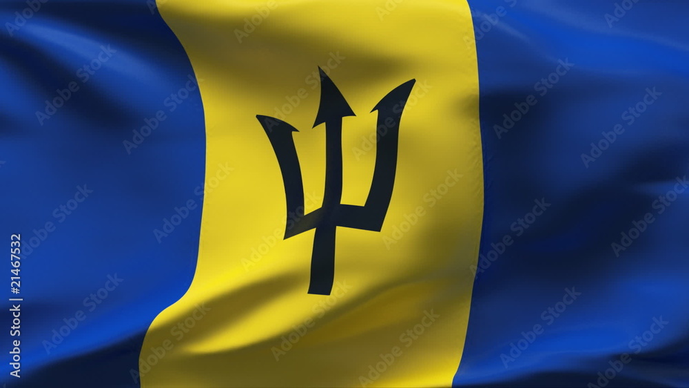 Creased Barbados flag in wind with seams and wrinkle