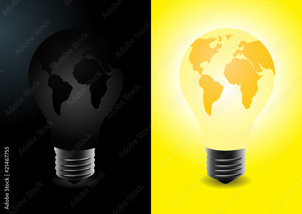 World in the shape of bulb, one lit and one off World in the shape of bulb, one lit and one off