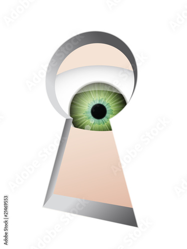 Eye beyond the keyhole, isolated on white