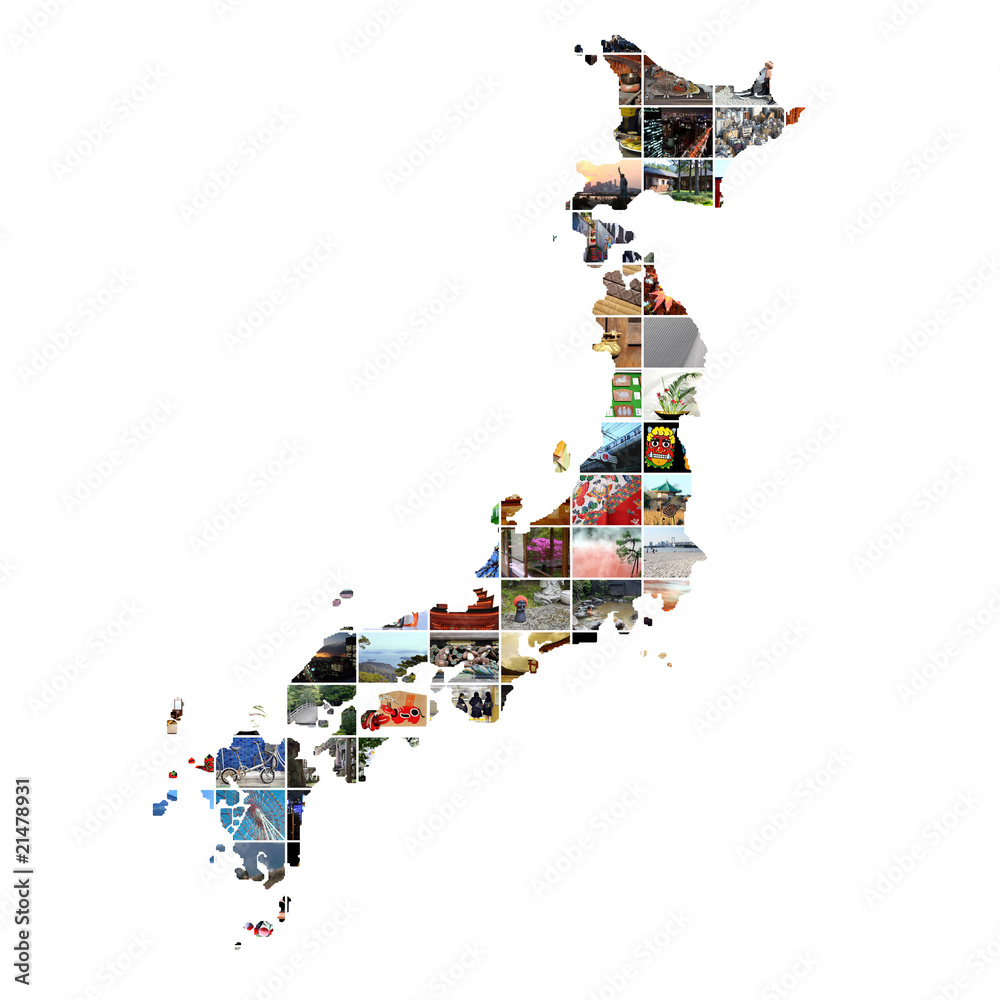 Naklejka premium Carte du Japon isolée sur fond blanc, mosaïque de photos de voyage , paysages et monuments japonais