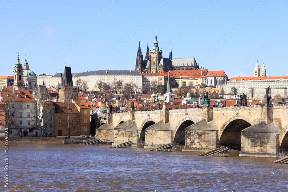 Fototapeta premium Spring in Prague - gothic Castle with the Charles Bridge