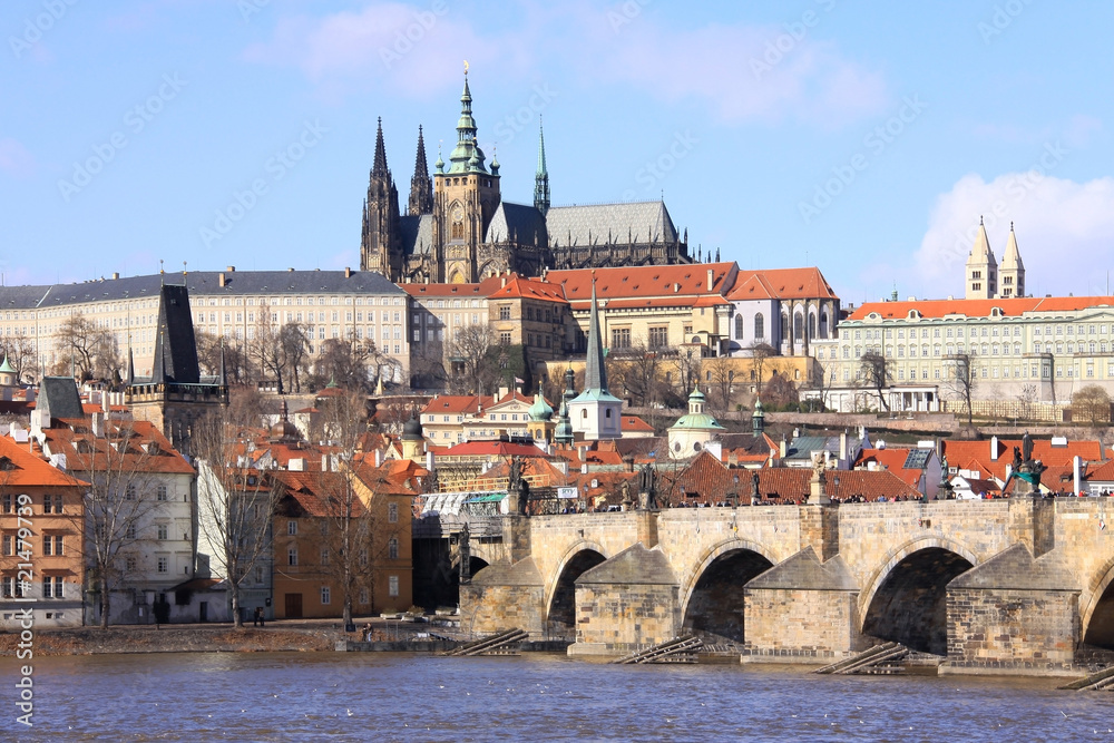 Early Spring in Prague - gothic Castle with the Charles Bridge