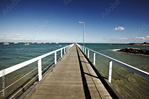 wooden walkway stretching toward the ocean on a sunny day