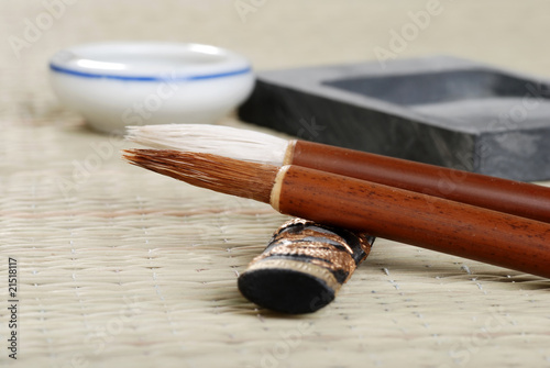macro asian calligraphy brush with accessories