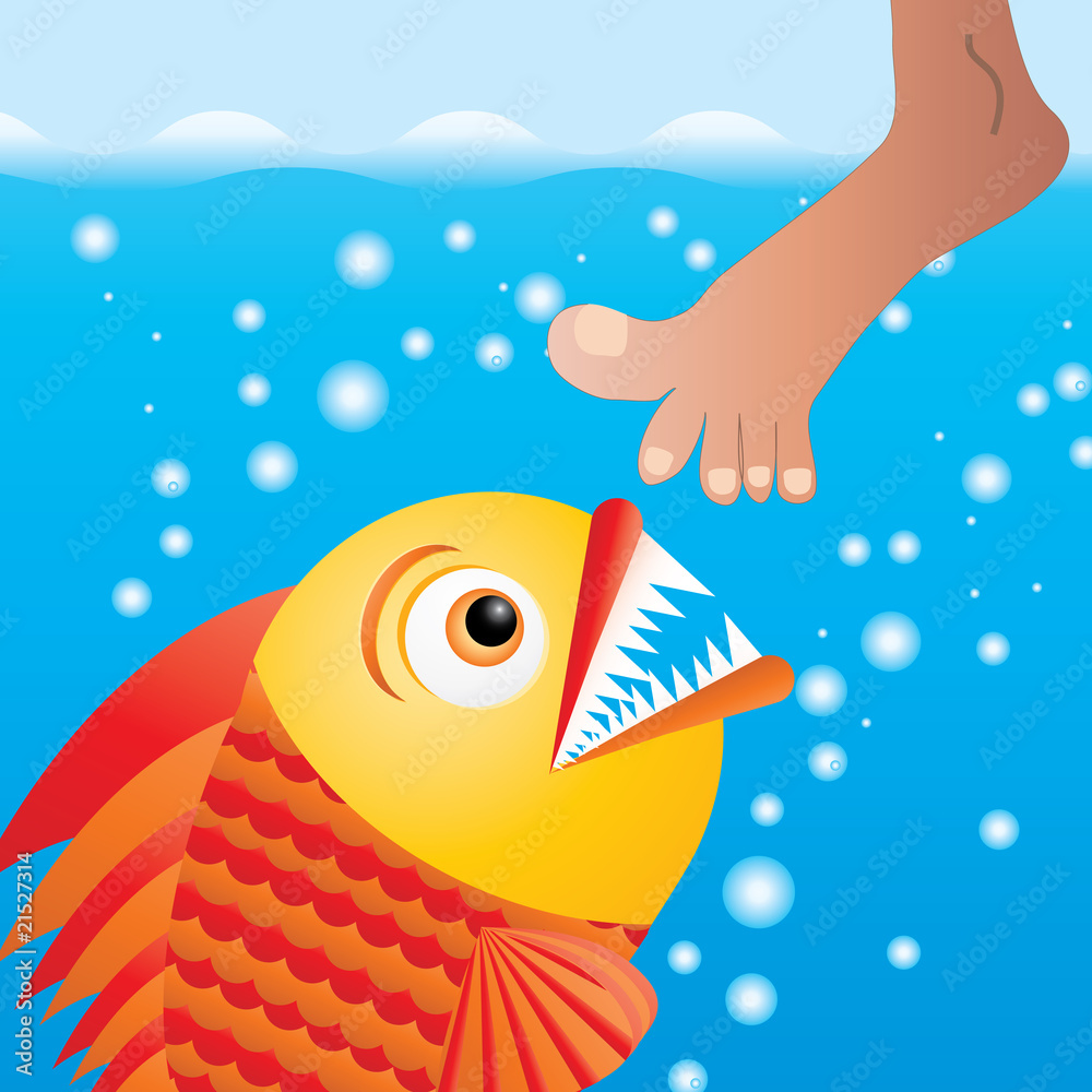 Cartoon piranha trying to bite the leg, vector illustration Stock