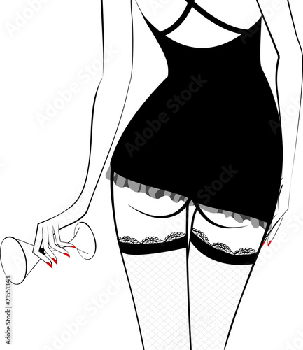 sexy girl in black dress with glass