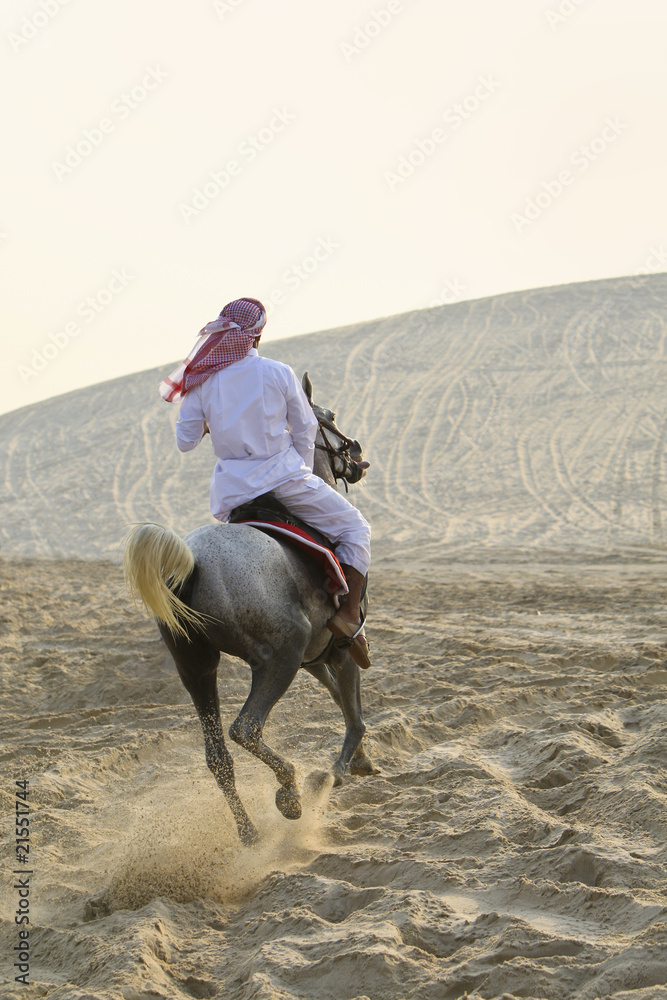 Naklejka premium Arab Man Riding A Horse In The Desert