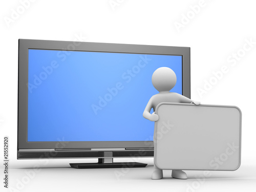 TV and man on white background. Isolated 3D image