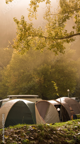 camp tent in mist