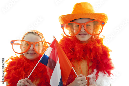 two girls in orange outfit over white background photo