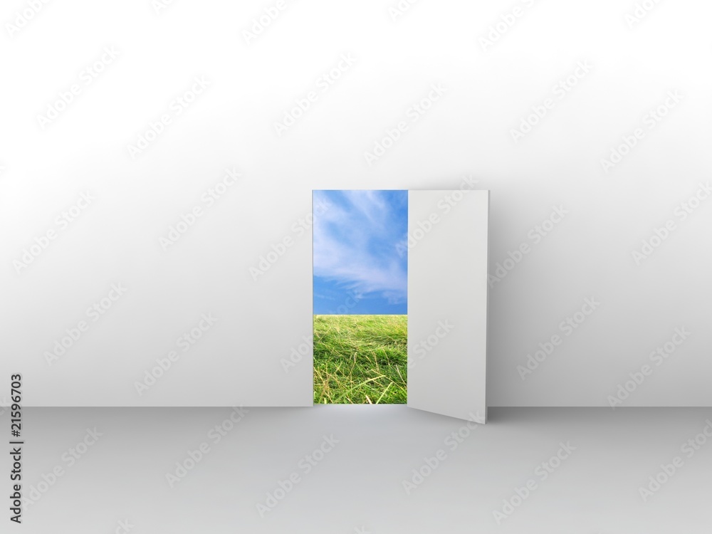 Exit with door to natural landscape. Concept - eco house. Exit with door to natural landscape. Concept - eco house.