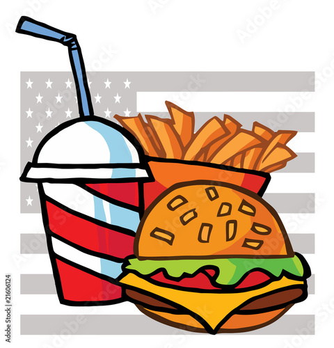 Drink, French Fries And Cheeseburger With An American Flag