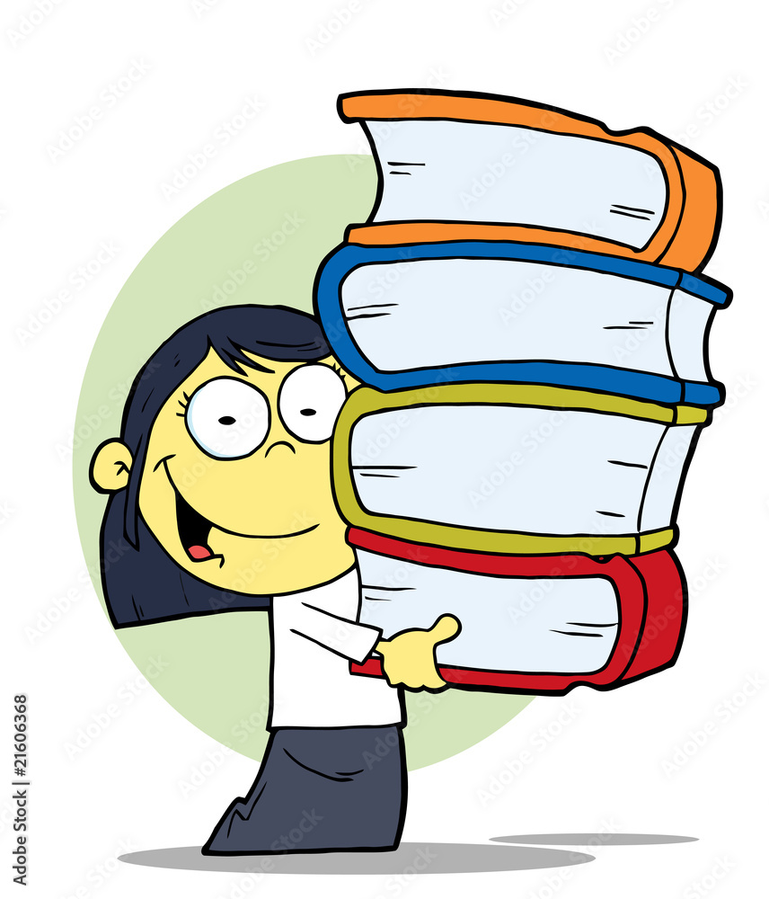 Smart Asian School Girl Carrying A Stack Of Books